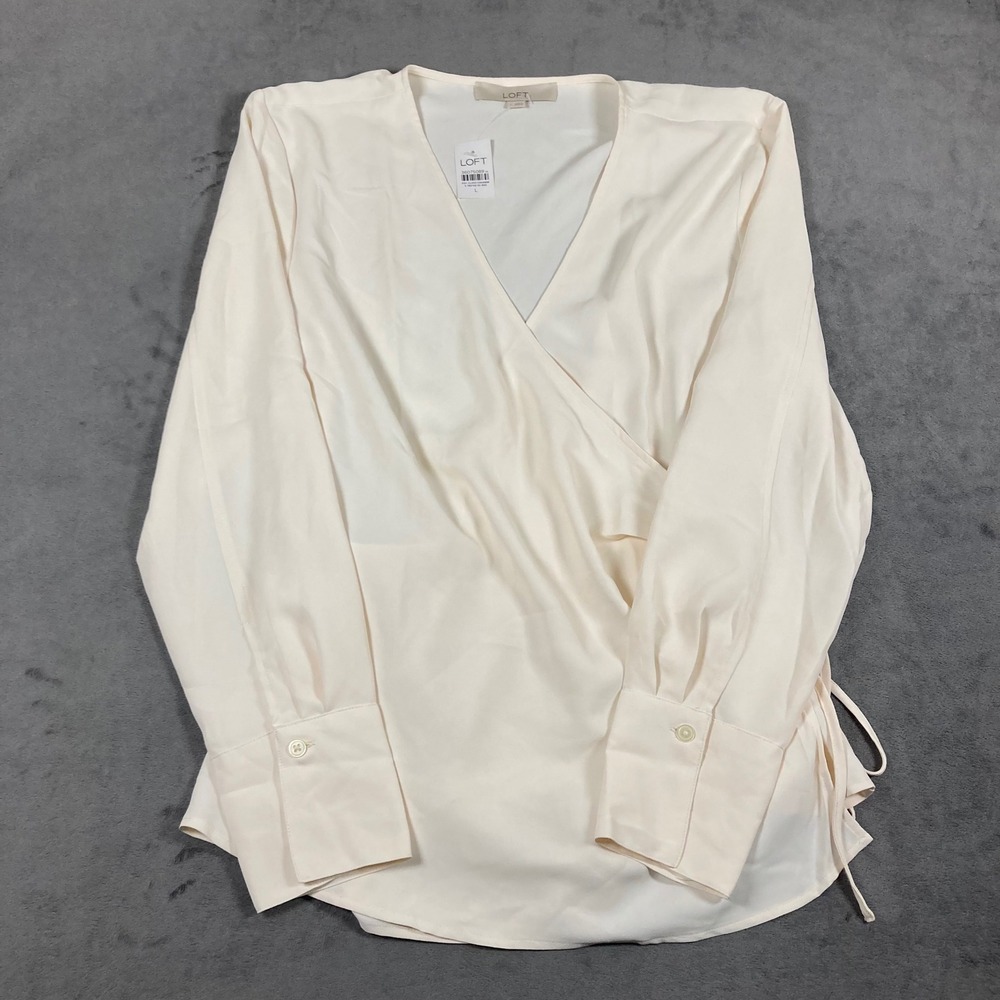 LOFT Womens Cream Long Sleeve Faux Wrap Side Tie Blouse NWT *read description